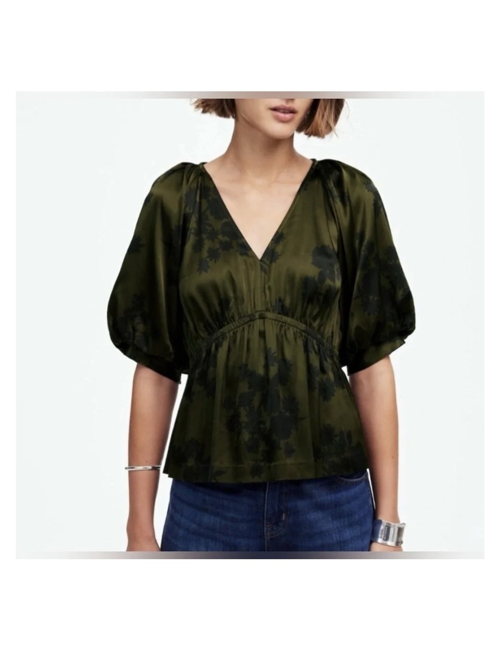 Madewell Olive Floral V-Neck Puff Sleeve Blouse